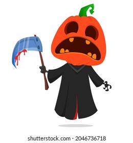Grim reaper pumpkin head cartoon character with scythe. Halloween jack o lantern illustration design for party invitation or poster. Vector scarecrow isolated
