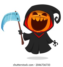Grim reaper pumpkin head cartoon character with scythe. Halloween jack o lantern illustration design for party invitation or poster. Vector scarecrow isolated
