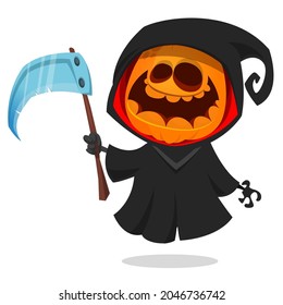 Grim reaper pumpkin head cartoon character with scythe. Halloween jack o lantern illustration design for party invitation or poster. Vector scarecrow isolated
