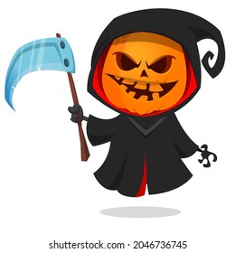 Grim reaper pumpkin head cartoon character with scythe. Halloween jack o lantern illustration design for party invitation or poster. Vector scarecrow isolated
