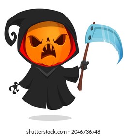 Grim reaper pumpkin head cartoon character with scythe. Halloween jack o lantern illustration design for party invitation or poster. Vector scarecrow isolated
