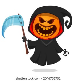 Grim reaper pumpkin head cartoon character with scythe. Halloween jack o lantern illustration design for party invitation or poster. Vector scarecrow isolated
