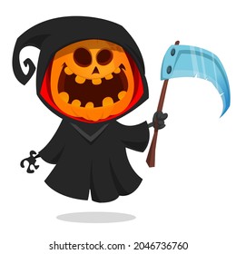Grim reaper pumpkin head cartoon character with scythe. Halloween jack o lantern illustration design for party invitation or poster. Vector scarecrow isolated
