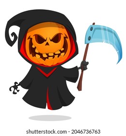 Grim reaper pumpkin head cartoon character with scythe. Halloween jack o lantern illustration design for party invitation or poster. Vector scarecrow isolated
