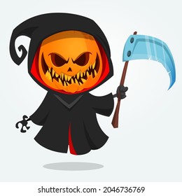 Grim reaper pumpkin head cartoon character with scythe. Halloween jack o lantern illustration design for party invitation or poster. Vector scarecrow isolated
