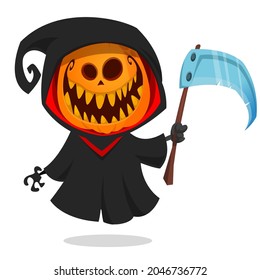 Grim reaper pumpkin head cartoon character with scythe. Halloween jack o lantern illustration design for party invitation or poster. Vector scarecrow isolated
