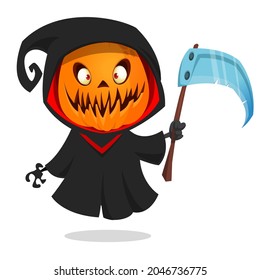 Grim reaper pumpkin head cartoon character with scythe. Halloween jack o lantern illustration design for party invitation or poster. Vector scarecrow isolated
