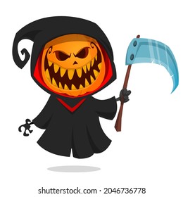 Grim reaper pumpkin head cartoon character with scythe. Halloween jack o lantern illustration design for party invitation or poster. Vector scarecrow isolated
