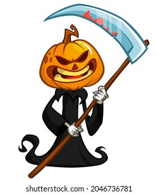 Grim reaper pumpkin head cartoon character with scythe. Halloween jack o lantern illustration design for party invitation or poster. Vector scarecrow isolated
