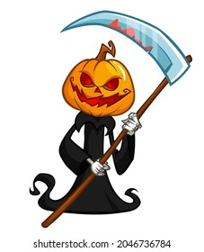Grim reaper pumpkin head cartoon character with scythe. Halloween jack o lantern illustration design for party invitation or poster. Vector scarecrow isolated

