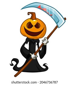 Grim reaper pumpkin head cartoon character with scythe. Halloween jack o lantern illustration design for party invitation or poster. Vector scarecrow isolated
