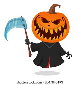 Grim reaper pumpkin head cartoon character with scythe. Halloween jack o lantern illustration design for party invitation or poster. Vector scarecrow isolated
