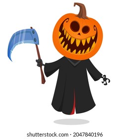 Grim reaper pumpkin head cartoon character with scythe. Halloween jack o lantern illustration design for party invitation or poster. Vector scarecrow isolated
