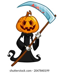 Grim reaper pumpkin head cartoon character with scythe. Halloween jack o lantern illustration design for party invitation or poster. Vector scarecrow isolated
