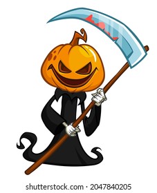 Grim reaper pumpkin head cartoon character with scythe. Halloween jack o lantern illustration design for party invitation or poster. Vector scarecrow isolated
