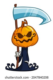 Grim reaper pumpkin head cartoon character with scythe. Halloween jack o lantern illustration design for party invitation or poster. Vector scarecrow isolated
