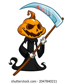 Grim reaper pumpkin head cartoon character with scythe. Halloween jack o lantern illustration design for party invitation or poster. Vector scarecrow isolated

