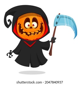 Grim reaper pumpkin head cartoon character. Halloween jack o lantern illustration design for party invitation or poster. Vector scarecrow isolated

