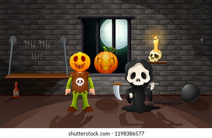 Grim reaper and pumpkin mask in the house