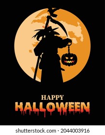 Grim reaper and pumpkin on a black background, happy halloween. Halloween illustration