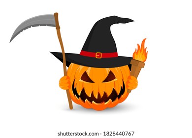 Grim Reaper. Pumpkin with torch and sickle on white background. The main symbol of the Happy Halloween holiday. Orange pumpkin with smile. Vector illustration