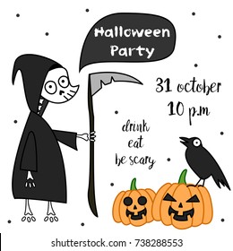 Grim Reaper, Pumpkins And Raven Invitation To The Halloween Party
