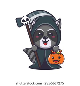 Grim reaper raccoon holding scythe and halloween pumpkin. Cute halloween cartoon illustration. 