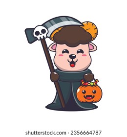 Grim reaper ram sheep holding scythe and halloween pumpkin. Cute halloween cartoon illustration. 