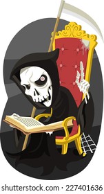 Grim Reaper Reading the Book of Death, vector illustration cartoon