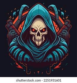 Grim Reaper with red eyes illustration, esports mascot design, gaming logo template