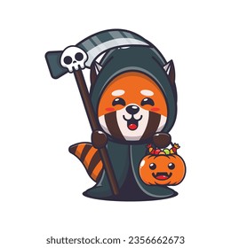 Grim reaper red panda holding scythe and halloween pumpkin. Cute halloween cartoon illustration.