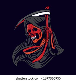 Grim reaper with red  skeleton and grey robe with dark purple background