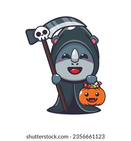 Grim reaper rhino holding scythe and halloween pumpkin. Cute halloween cartoon illustration. 