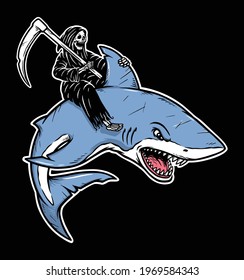 Grim reaper rides a shark illustration