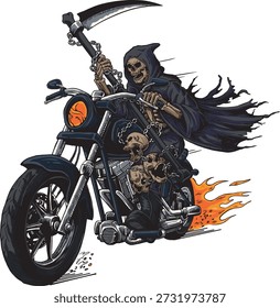 Grim Reaper Montar en motocicleta con llamas Dark Fantasy Biker Ilustración