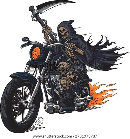 Grim Reaper Riding Motorcycle with Flames Dark Fantasy Biker Illustration