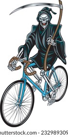 Grim reaper riding retro racing bicycle and holding scythe  