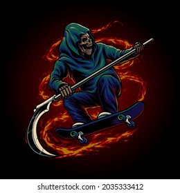 grim reaper riding skateboard illustration