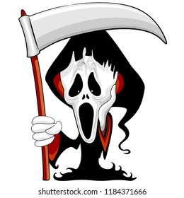 Grim Reaper The Scream Cartoon Character Parody with Black Hooded Cload wielding a Big Scythe. 
