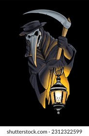 Grim Reaper with Scythe, Black Cape, and Plague Doctor Skull Symbolizing the Inevitability of Death