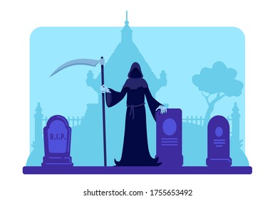 Grim reaper with scythe at cemetery flat color vector illustration. Tombstones and old crypt building. Afterlife concept. Spooky graveyard 2D cartoon landscape with gravestones and trees on background