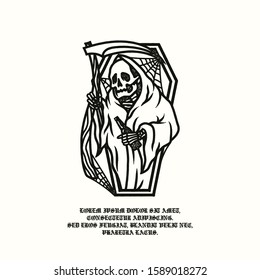 Grim Reaper with a scythe in a coffin. Design for t-shirt.