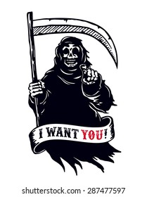 Grim reaper with scythe in dark hooded cloak, death pointing finger. I want you dead! black and white vector