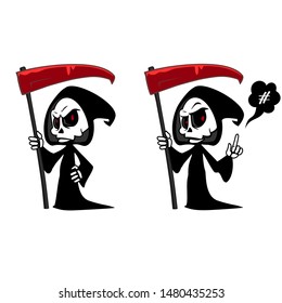 Grim reaper with scythe, Death cartoon character, Halloween skeleton, Design for print, logo, emblem, sticker or party decoration