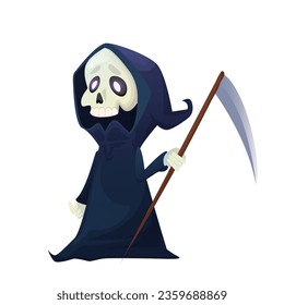 Grim reaper with scythe. Death character. Halloween skeleton costume. Vector cartoon Illustration isolated on white.