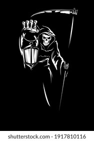 Grim reaper with scythe, death holding lantern. Ominously smiling human skeleton in cowl with hood, coming out from darkness with antique candle lantern and scythe in bony hands engraved vector