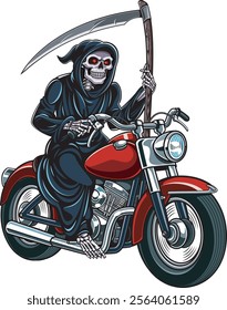 grim reaper with scythe driving vintage motorcycle