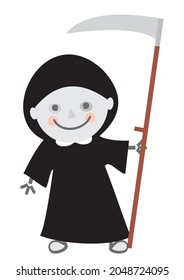 Grim reaper with scythe isolated on white background. Halloween skeleton death costume vector, carnival mask, girl, cute vector illustration