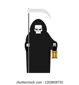 Grim reaper with a scythe an a lantern. Halloween character flat illustration