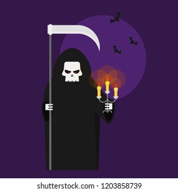 Grim reaper with a scythe an a lantern. Halloween character flat illustration